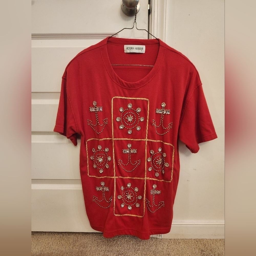 Victoria Harbour Vtg Red Short Sleeve Top Cruise Beach Size L Embellished #G214